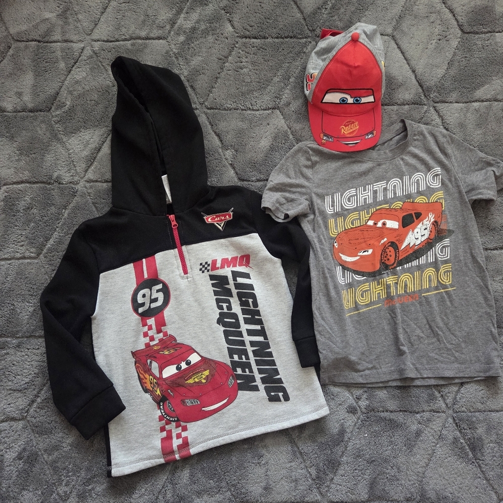 Disney Pixar Cars Lightning Mcqueen 3 Piece Bundle 7/8 Hoodie Tee Hat Kidcore